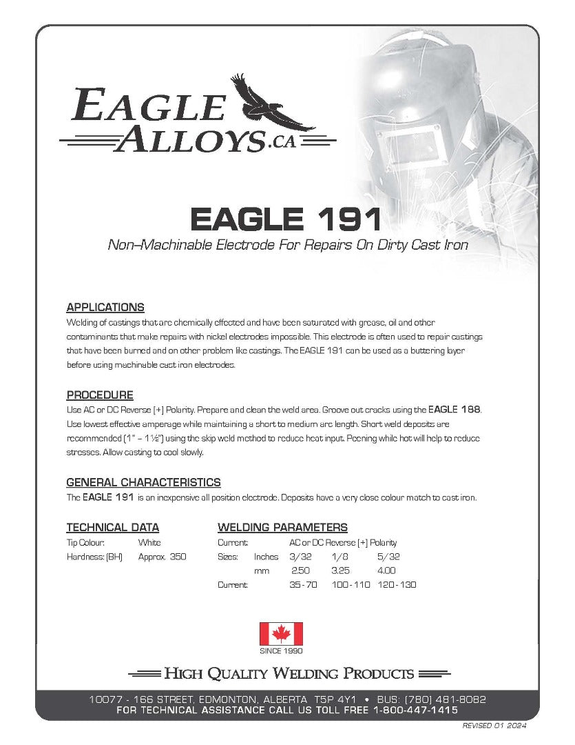 Eagle 191 Non–Machinable Electrode For Repairs On Dirty Cast Iron PDF