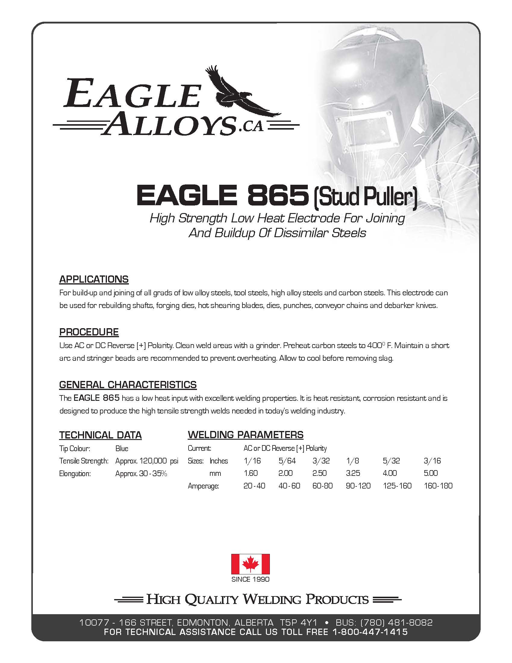 EAGLE 865 Stud Puller High Strength Low Heat Electrode For Joining And Buildup Of Dissimilar Steels PDF